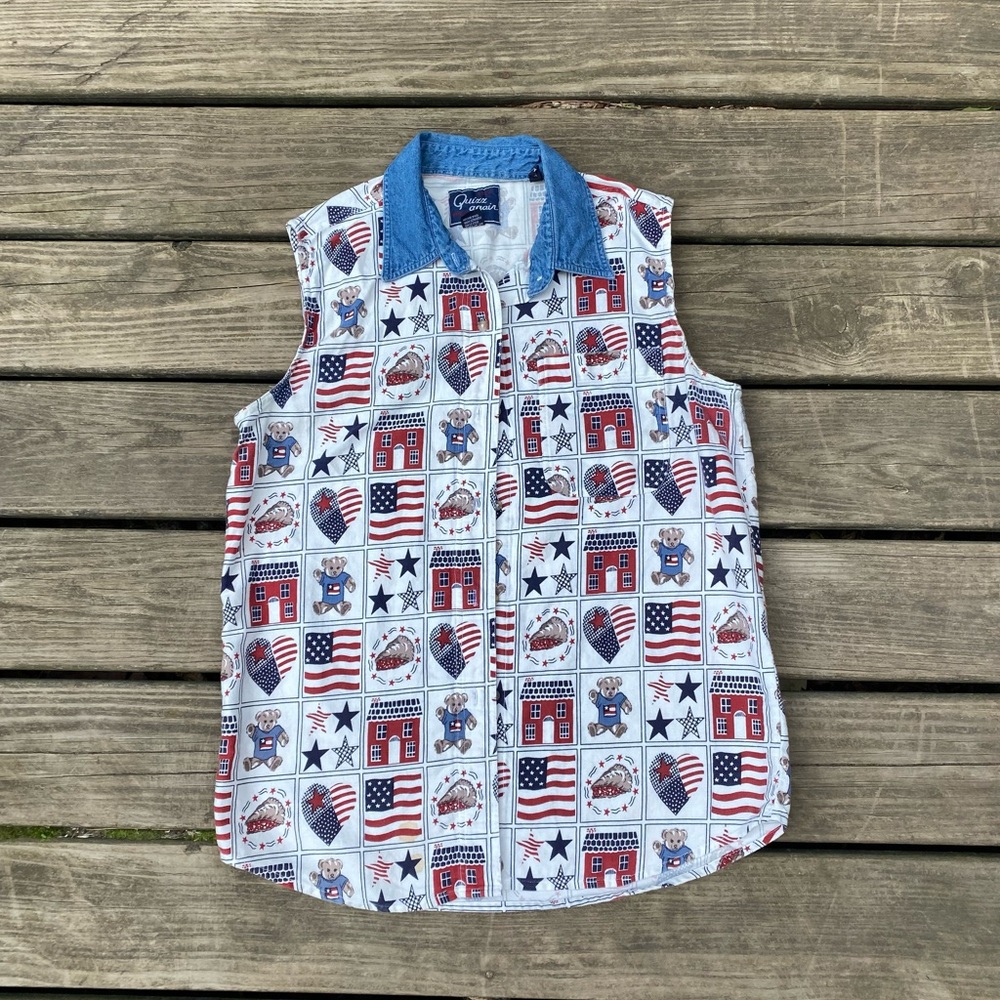 Quirr again patriotic denim vest with American flag pattern and teddy bears